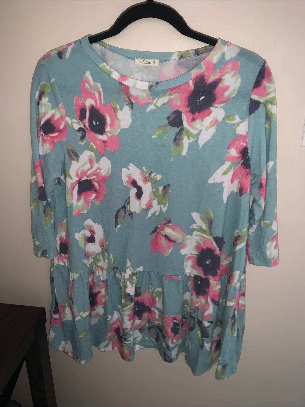 Med Couture Sky Blue Floral Peplum Tunic with Pink and White Blooms